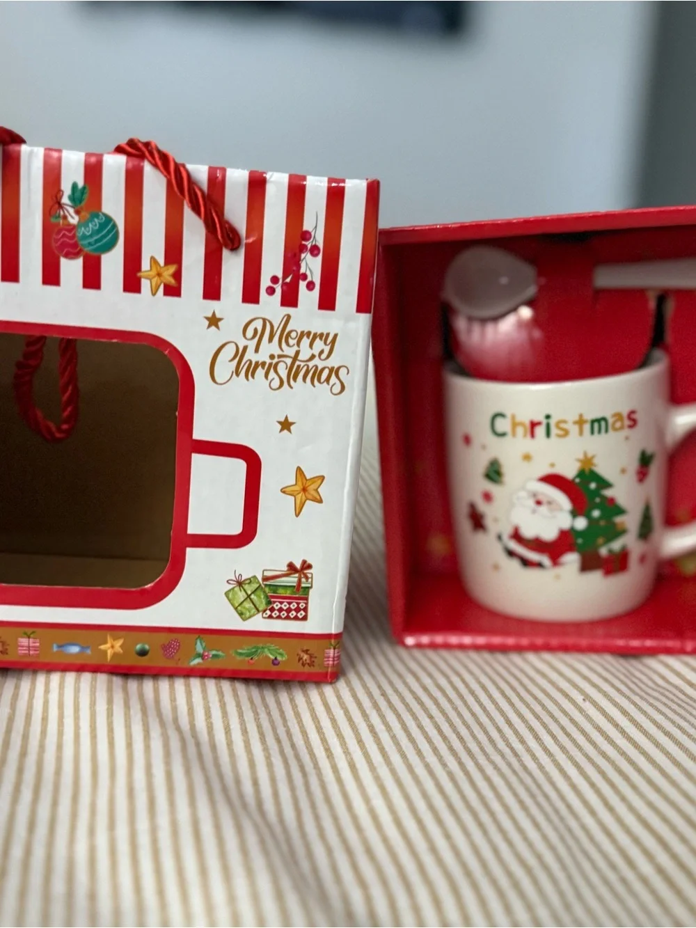 Holiday Christmas Santa Mug with Spoon - White & Red